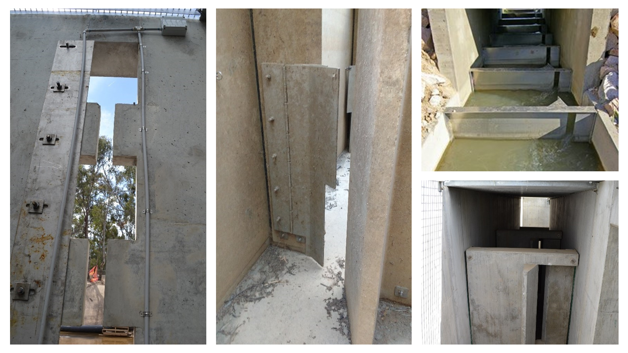 Vertical slot fishway examples: </br>
		1. Left: keyhole slot design in a vertical slot fishway, Yallakool Creek, New South Wales </br>
		2. Middle: precast concrete rectangular vertical slot baffle, showing rocky base of fishway and metal grate overhead, Yallakool Creek, New South Wales </br>
		3. Top-right: vertical slot fishway, showing rectangular slot design, Sheepstation Creek, Ayr, Queensland </br>
		4. Bottom-right: metal keyhole slot design in vertical slot fishway baffle, Chowilla Regulator, South Australia
		Photo by Ivor Stuart (1,2 and 4), and Tim Marsden (3)
	